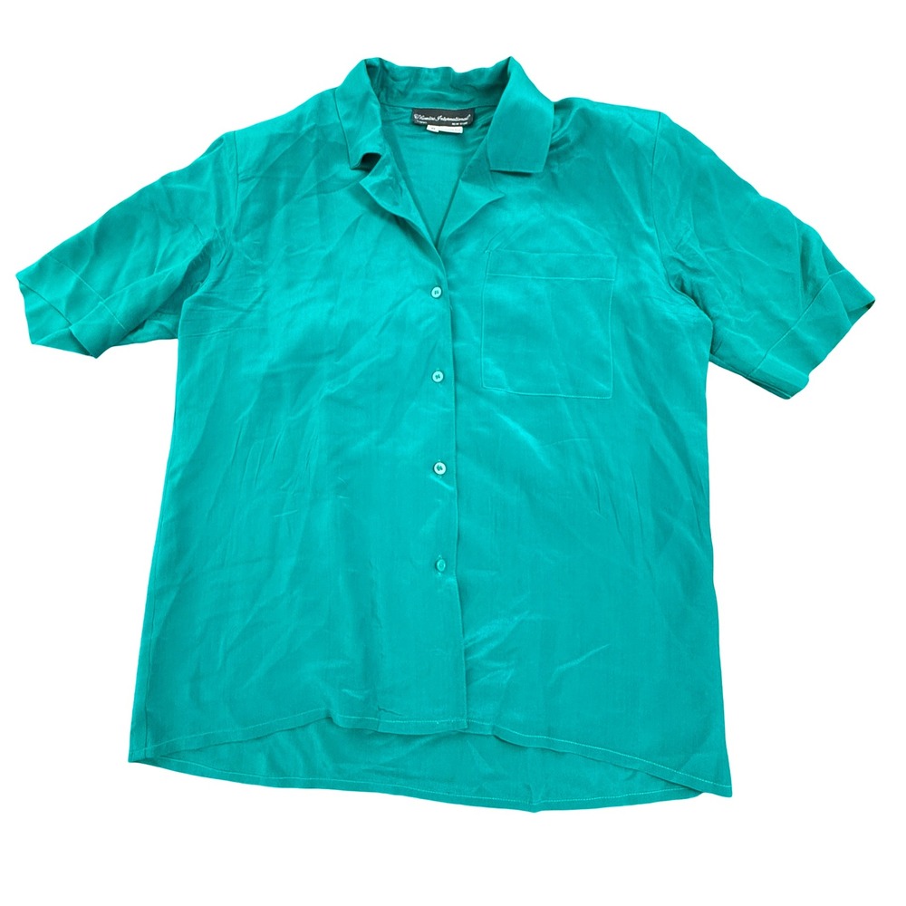 Chemise International Button Up Shirt Womens Medium Teal 100% Silk Short Sleeve